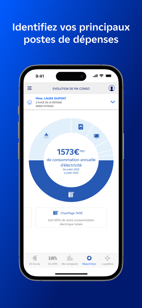 Interface of the EDF and Moi app displaying a circular chart that breaks down annual electricity spending by home appliance