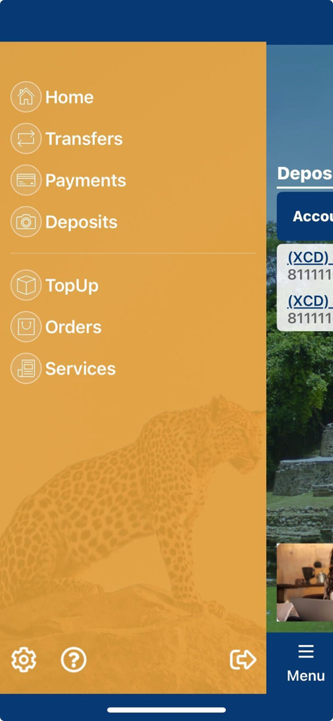 Heritage Intl. Bank Ltd - Side navigation menu of the Heritage International Bank app showing options for transfers payments deposits and services