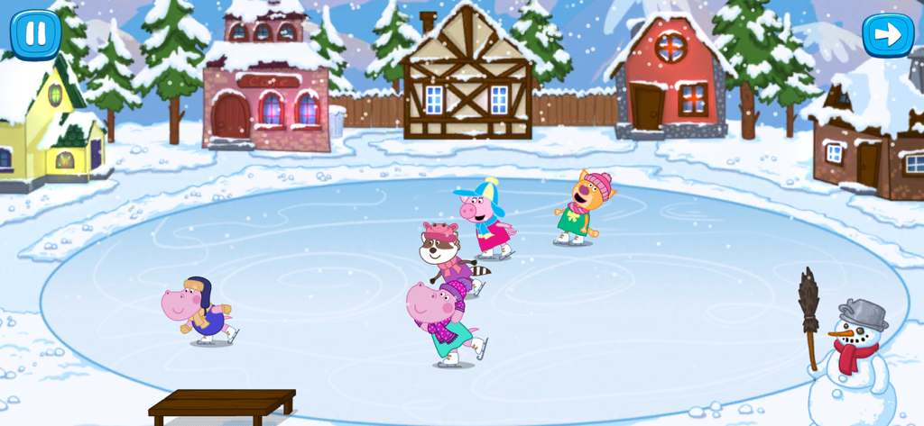 Snow Queen: Frozen castle - 雪景色の中、凍った池でスケートをするカートゥーンの動物たち