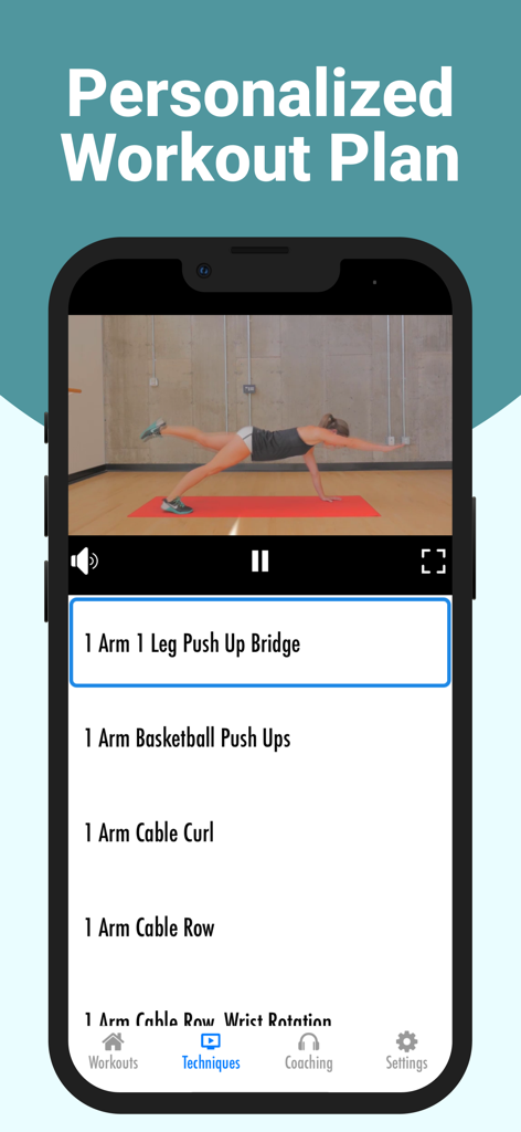 MuscleMax - Men's Workout - MuscleMax app interface showing a list of exercises and a video demonstration for a personalized workout plan.
