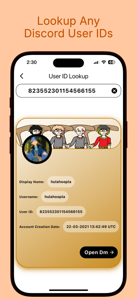 Friendcord | Reopen Discord DM - DiscordユーザーIDとプロフィール情報を検索するためのFriendcordアプリ画面。
