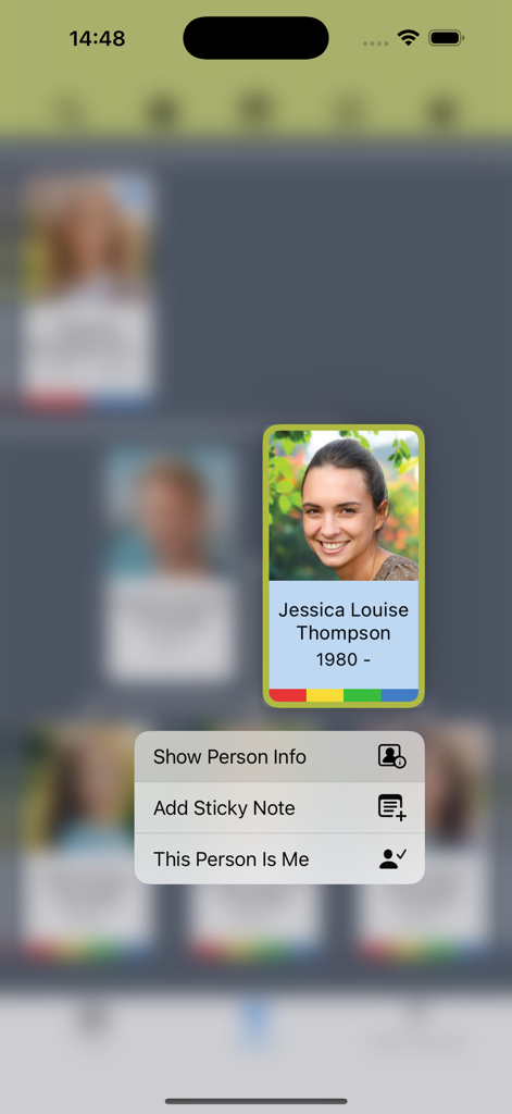 Profile card for Jessica Louise Thompson in Family Tree Maker Connect with a menu to show person info or add a sticky note