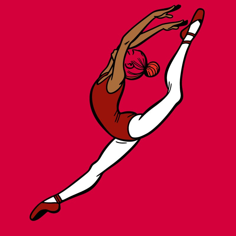gymnast doing a leap in a leotard with a bent back leg