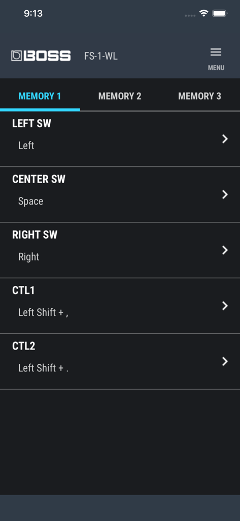 FS-1-WL Editor - Interface of the FS-1-WL Editor app displaying the switch and control settings for Memory 1