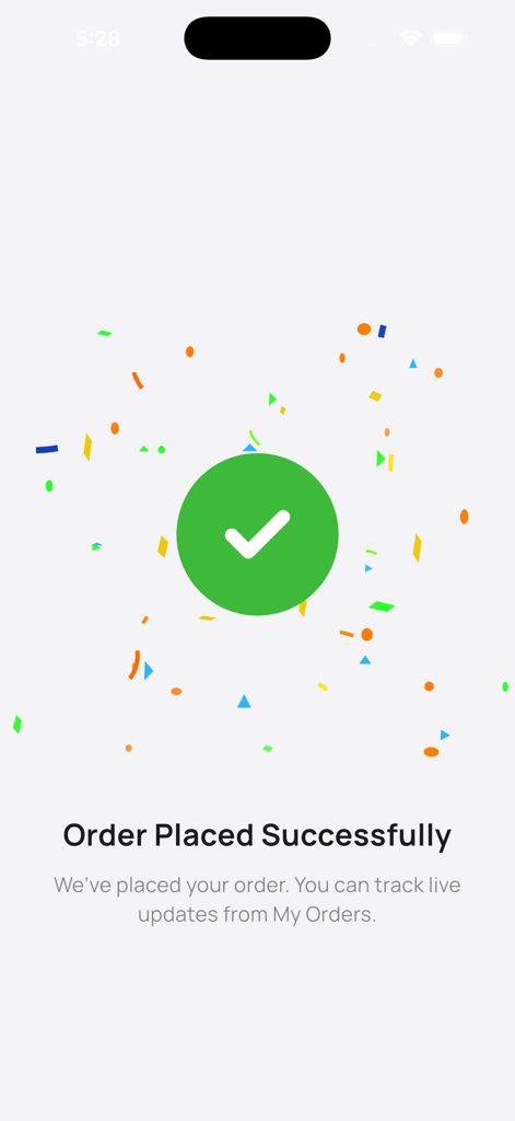 Una schermata di conferma nell'app RailRestro con un segno di spunta verde e coriandoli che indicano che l'ordine è stato effettuato con successo.