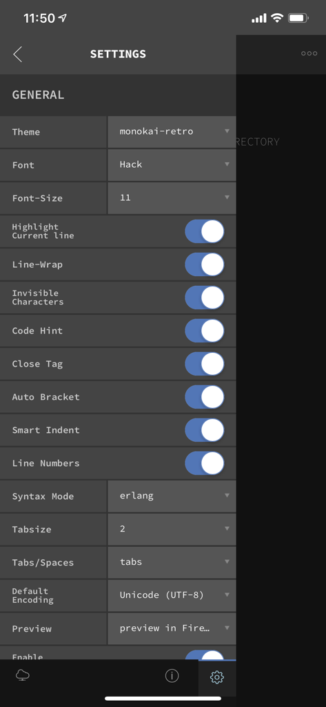 글꼴 및 테마 선택을 포함한 편집기 사용자 지정을 위한 GoCoEdit 앱 설정 화면