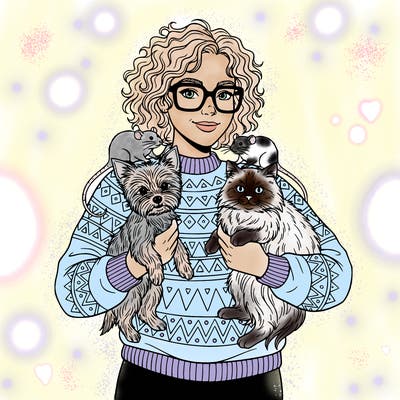 make a women with curly hair wearing square glasses in a cute sweater she has two pet rats on her shoulder a yorkie in one arm and a fluffy cat in her other arm