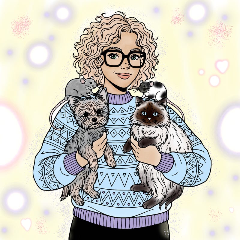 make a women with curly hair wearing square glasses in a cute sweater she has two pet rats on her shoulder a yorkie in one arm and a fluffy cat in her other arm