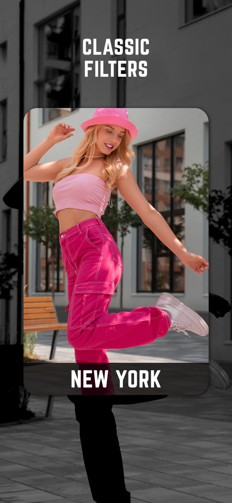 Video Saver & Player - A woman in pink clothes posing with the New York classic filter applied in the Video Saver and Player app.