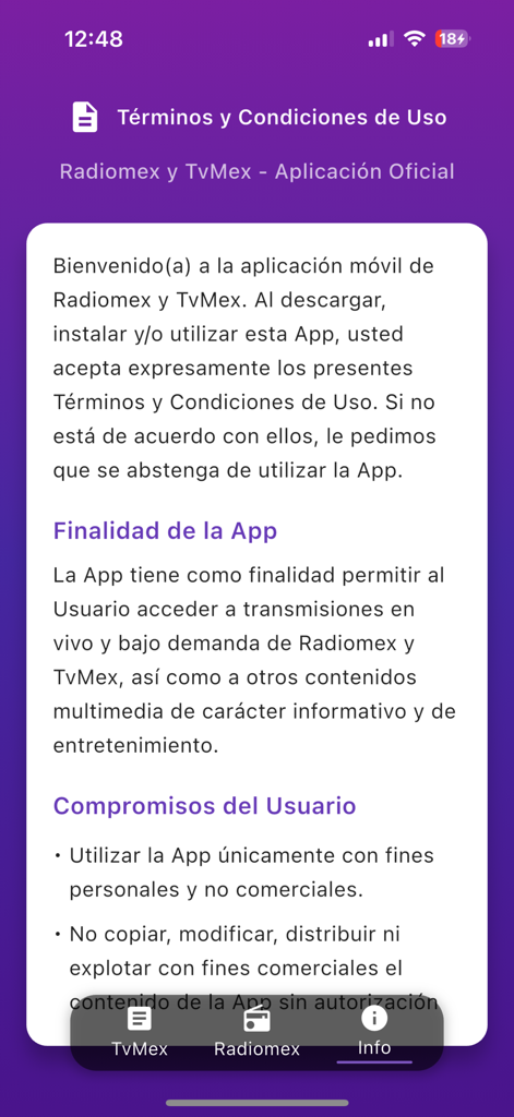 Captura de pantalla de la pantalla de Términos y Condiciones en la aplicación TvMex escrita en español