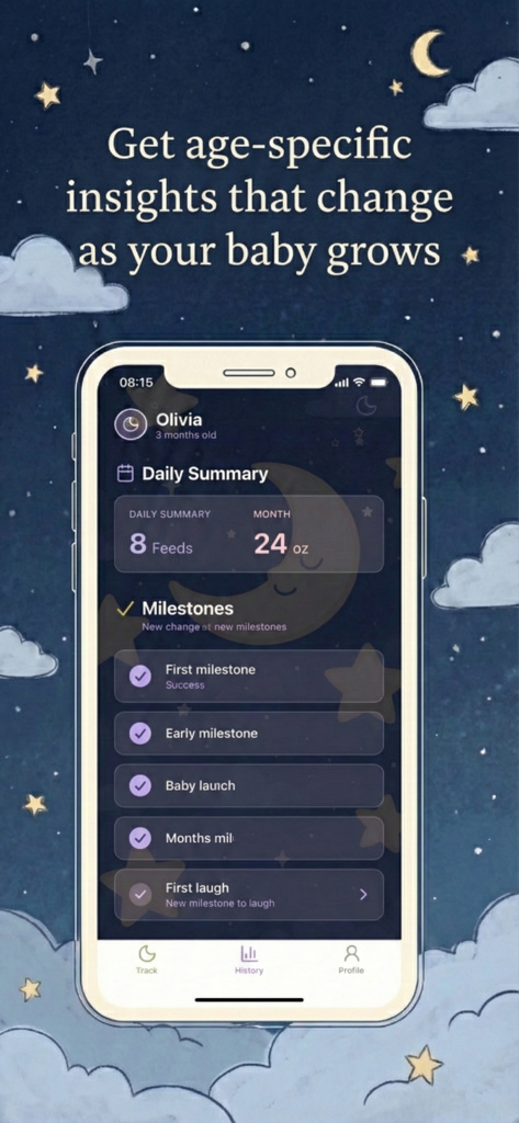 MoonMilk - Newborn Baby Log - Interfaz de la aplicación MoonMilk que muestra el resumen diario y la pantalla del historial de hitos del bebé
