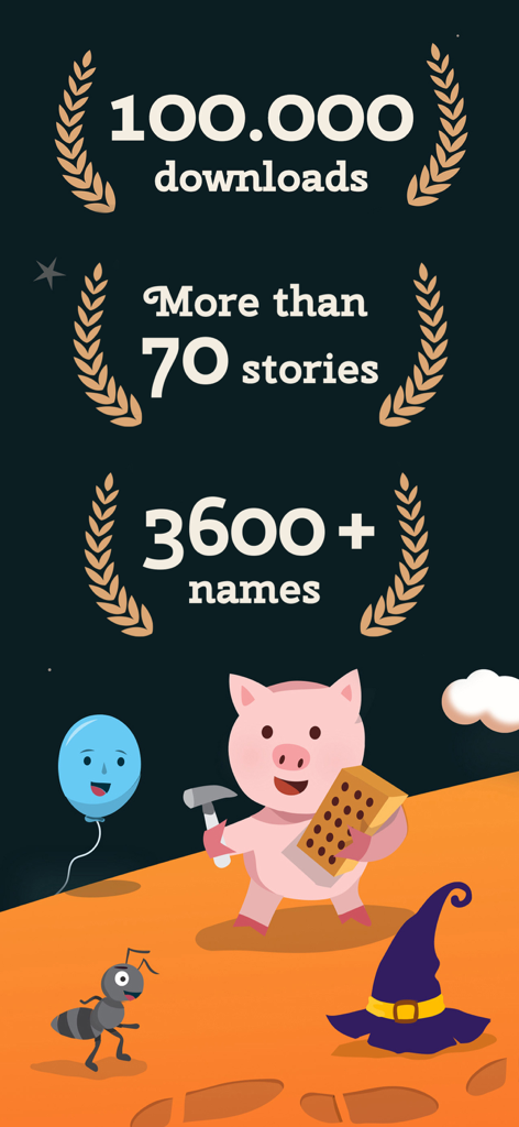 Storiezzz: Kids Fairy Tales - Estadísticas de la aplicación Storiezzz que muestran más de 100000 descargas y 3600 nombres personalizados para cuentos infantiles