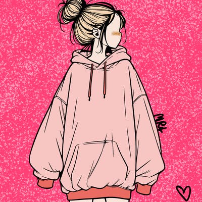realistic girl with a oversized sweatshirt on and a bun