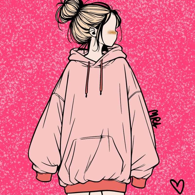 realistic girl with a oversized sweatshirt on and a bun