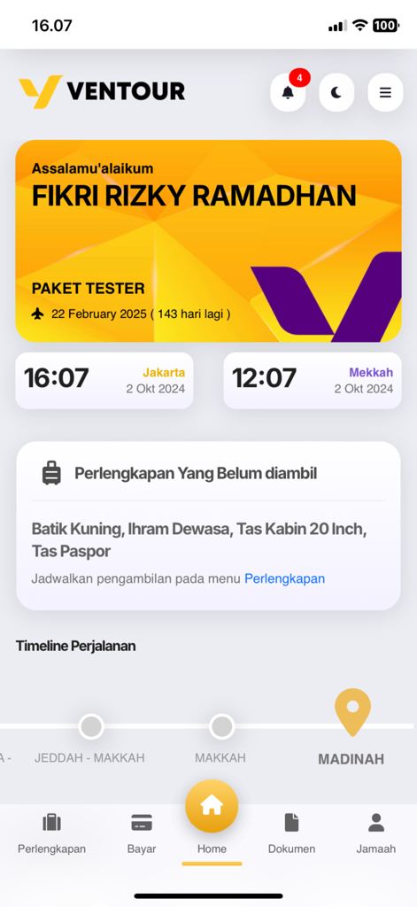 Ventour Mobile - The home screen of the Ventour Mobile app showing an Umrah travel itinerary and flight schedule