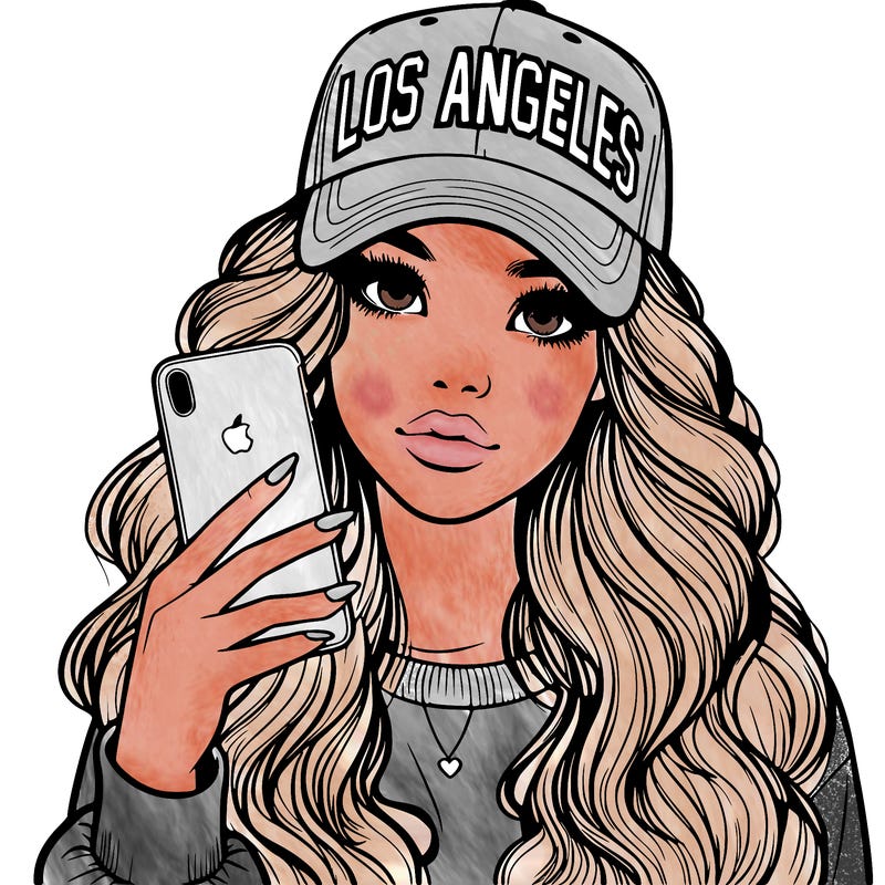 realistic beautiful girl wearing los ángeles cap holding an iphone