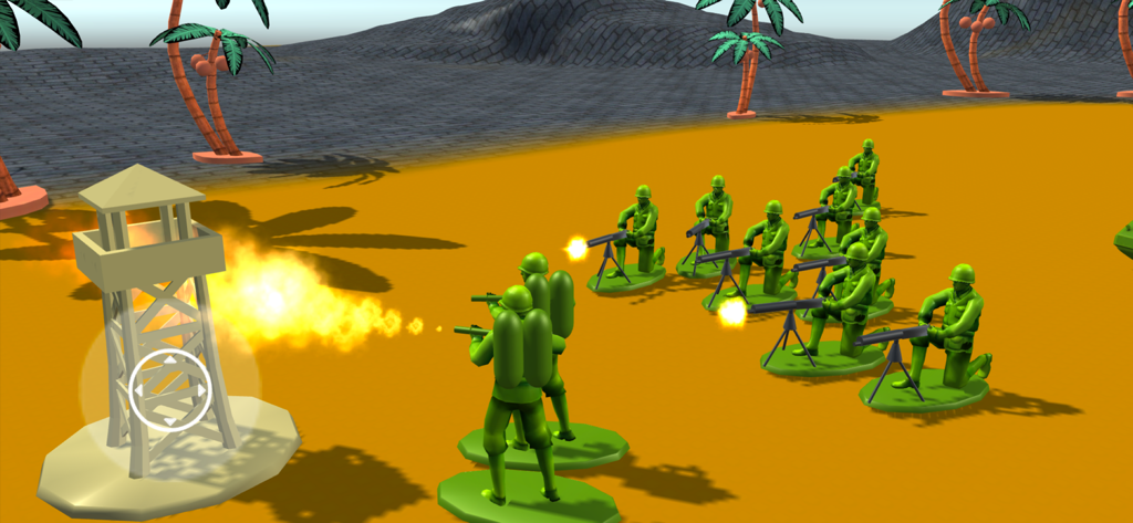 Army Men Battle Simulator - Green toy soldiers attacking a wooden watchtower with flamethrowers in a physics based battle simulator