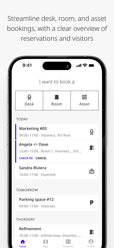 Joan Workplace - Joan Workplace app interface showing desk and room booking options and a schedule of upcoming reservations.