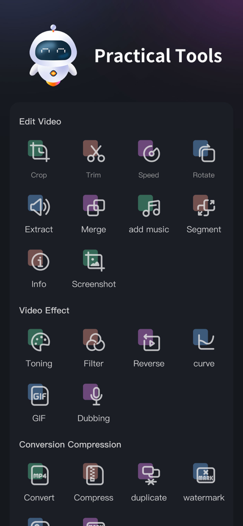 Tableau de bord de l'application d'édition vidéo Cup Cute montrant les effets d'édition et les outils de conversion