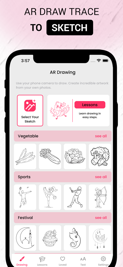 Pantalla de inicio de la aplicación AR Drawing que muestra categorías de dibujo y lecciones