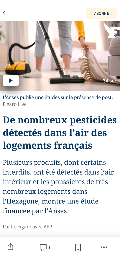 Artigo de notícias no aplicativo Le Figaro sobre pesticidas encontrados em residências francesas.
