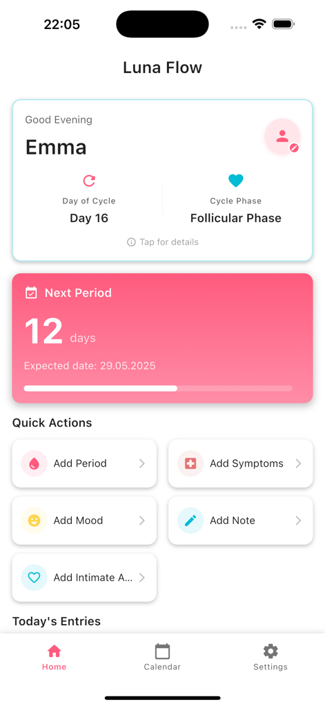 Schermata principale dell'app Luna Flow che mostra il giorno 16 del ciclo mestruale, fase follicolare e conto alla rovescia per il prossimo ciclo
