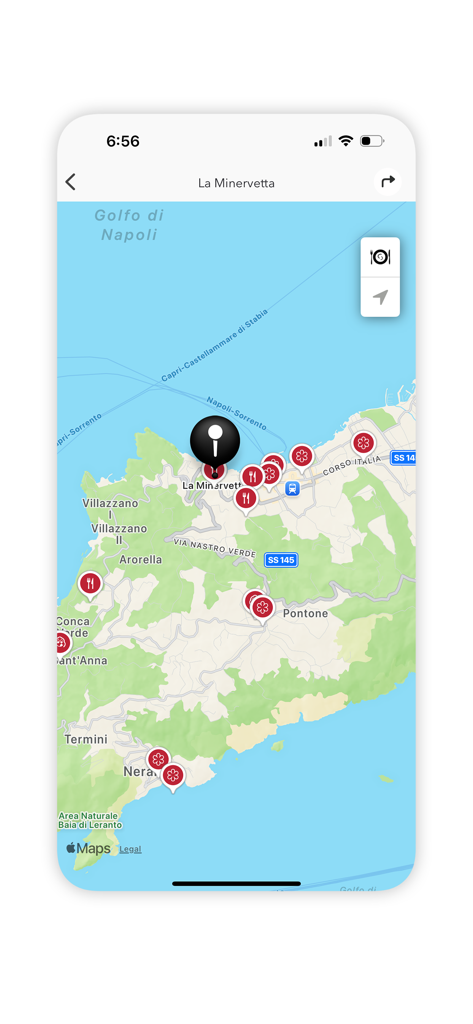 Map view of Michelin starred restaurants and curated hotels in Sorrento Italy