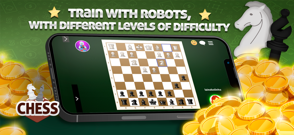 Mobile Schachspiel-Oberfläche auf GameVelvet, die ein Match gegen einen Roboter mit einstellbaren Schwierigkeitsgraden zeigt.