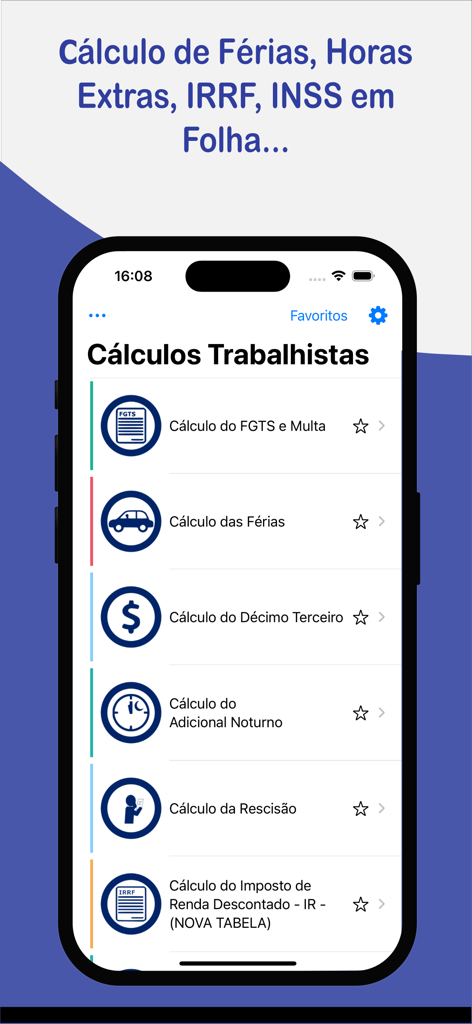 Main menu of the Calculos Trabalhistas app showing options for Brazilian labor law calculations like FGTS and severance pay.