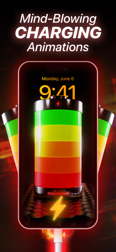 Battery Charging Animation・Up - Una animación de batería 3D colorida en la pantalla de bloqueo de un iPhone con el texto Animaciones de Carga Impresionantes