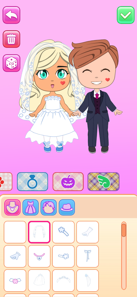 A chibi bride and groom character in a wedding dress up game interface