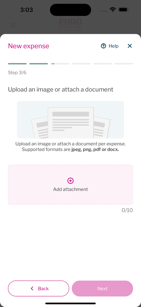 Euro Accident 2.0 - New expense upload screen in the Euro Accident app