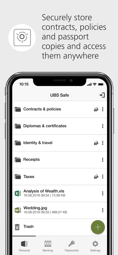 UBS Safe mobile app interface showing secure digital folders for contracts, identity documents, and taxes.