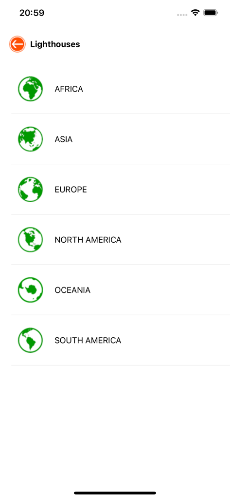 Nautical Calculator Pro - Lighthouse navigation menu categorized by continent in the Nautical Calculator Pro app