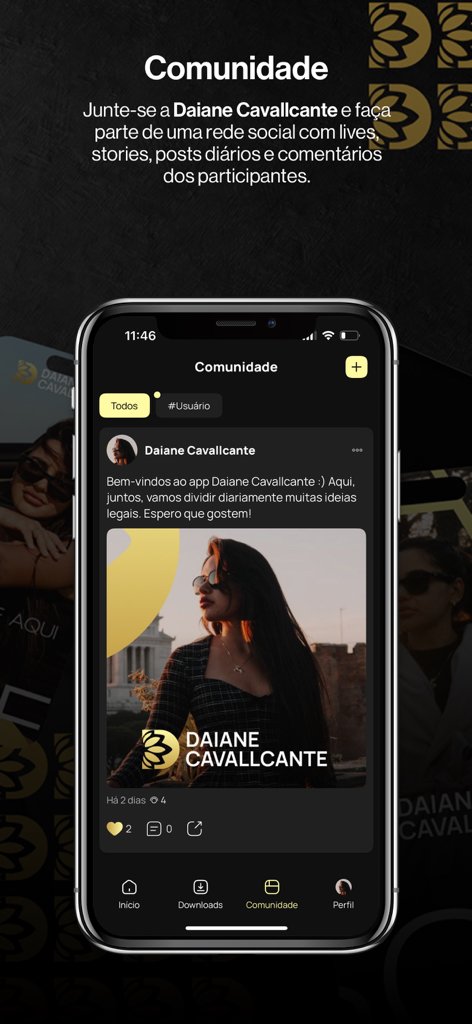 Daiane Cavallcante 2.0 - The community section of the Daiane Cavallcante 2.0 mobile app showing user posts and social interactions