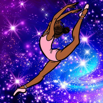 gymnast doing a leap in a leotard with a bent back leg