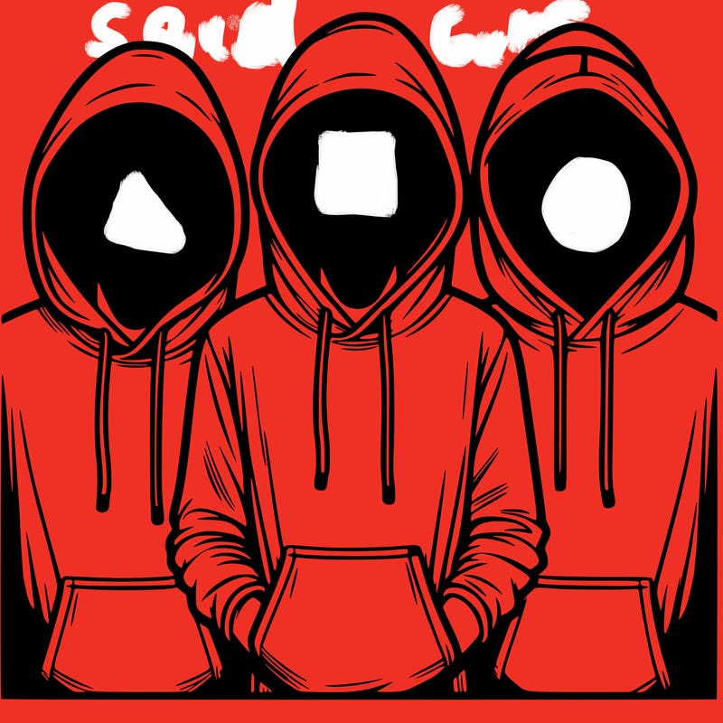 3 faceless people in  hoodies