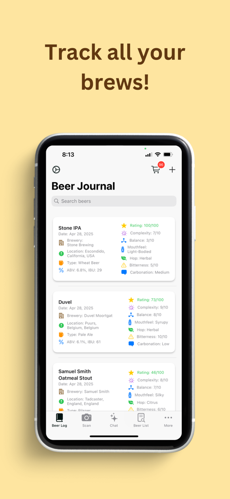 A mobile app interface showing a personalized beer journal with detailed tasting notes and ratings for various craft beers
