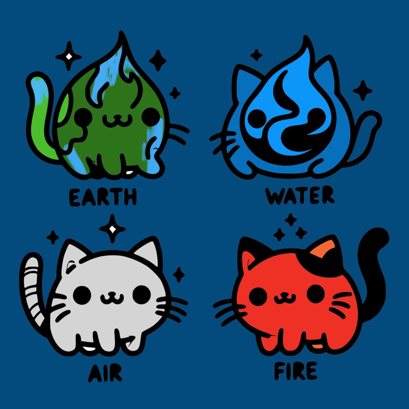 4 cats that represent the different elements, earth, water, air, and fire