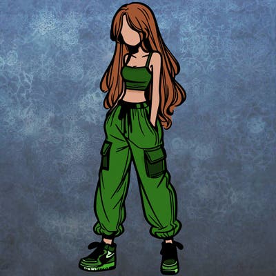 girl in baggy pants crop top and long hair
