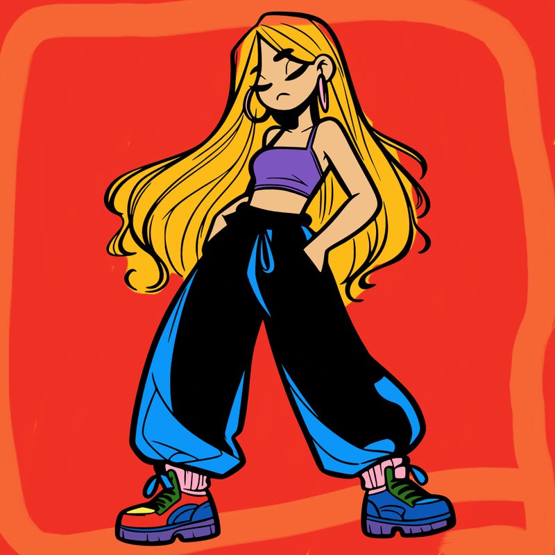 girl in baggy pants crop top and long hair
