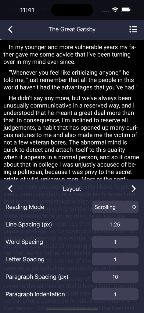 Inkwell - Customizable Ebooks - Inkwell app interface showing ebook reading layout customization options including spacing and indentation
