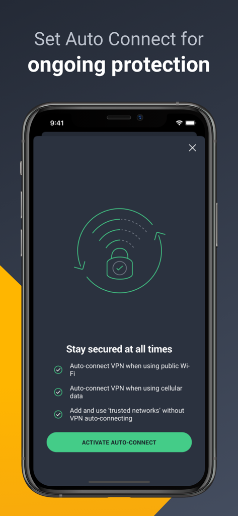 AVG Secure VPN & Proxy server - Schermata dell'app AVG Secure VPN che mostra le opzioni di connessione automatica per Wi-Fi pubblico e dati mobili