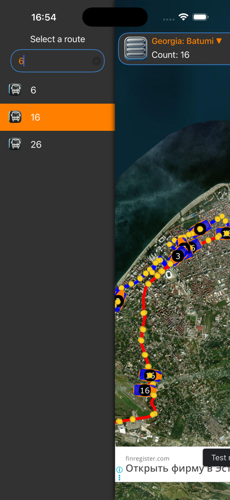 getBUS - A satellite map view showing real-time bus route 16 tracking in Batumi Georgia on the getBUS mobile app.