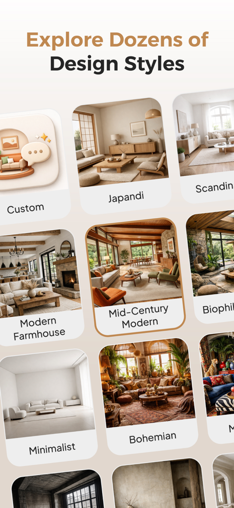HomeSnap - AI Home Design - Una galería de estilos de diseño de interiores en la aplicación HomeSnap mostrando opciones como Japandi, Modern Farmhouse y Bohemian.