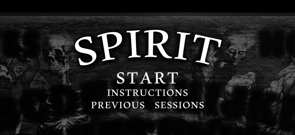 Main menu screen for 3D Spirit Board PLUS featuring options to start a session or view instructions on a dark gothic background