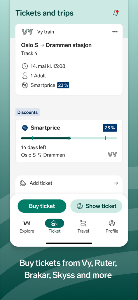 Vy - La pantalla de billetes y viajes de la aplicación Vy mostrando un viaje en tren de Oslo a Drammen