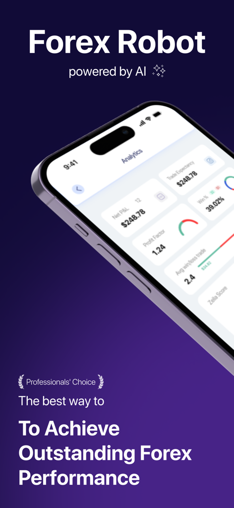 EA Forex Robot - EA Forex RobotアプリがAI取引分析とパフォーマンス統計を表示しているスマートフォンの画面