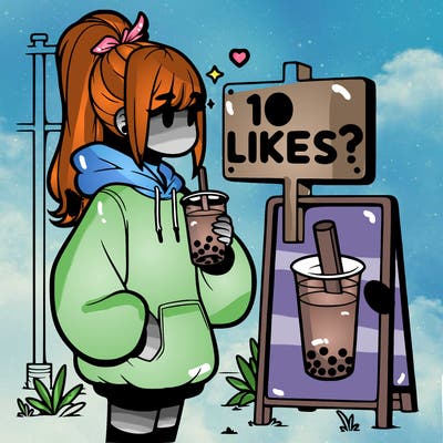 girl with oversized hoodie drinking boba and she has a high ponytail with a sign that says 10likes?