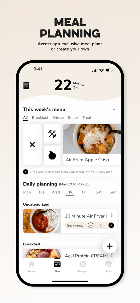 Clean Simple Eats + - Painel de planejamento de refeições do aplicativo Clean Simple Eats mostrando um menu semanal e receitas macroamigáveis